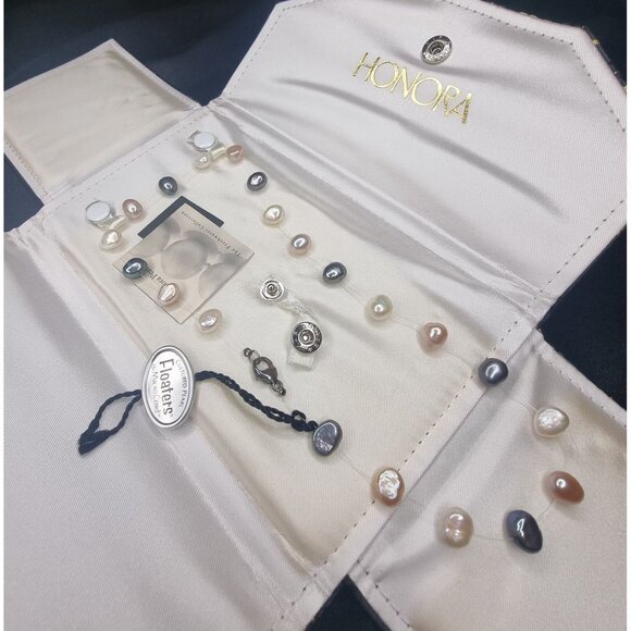 Vintage Honora Cultured Freshwater Pearls Necklace With Gold & Black Floral Sati - Picture 2 of 6